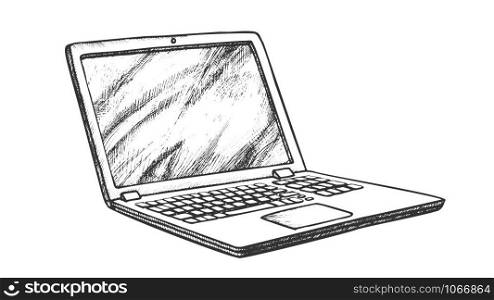 Laptop Computer Electronic Gadget Retro Vector. Opened Portable Laptop With Blank Screen. Hi-tech Technology Device Engraving Concept Mockup Designed In Vintage Style Black And White Illustration. Laptop Computer Electronic Gadget Retro Vector
