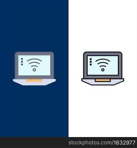 Laptop, Computer, Signal, Wifi  Icons. Flat and Line Filled Icon Set Vector Blue Background