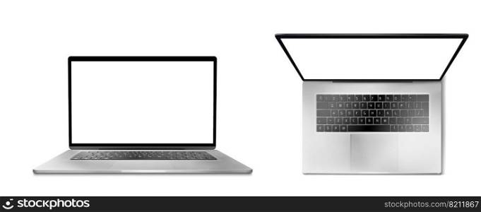 Laptop computer with white screen and keyboard front and top view. Vector realistic mockup of modern notebook, portable desktop pc with blank monitor display isolated on white background. Laptop computer front and top view