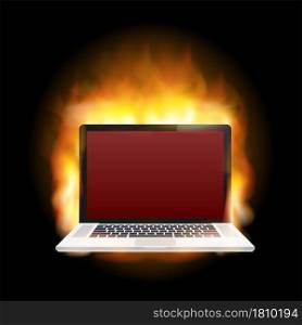 Laptop Damage. Laptop on fire and flames. Computer Repair. Vector stock illustration. Laptop Damage. Laptop on fire and flames. Computer Repair. Vector stock illustration.