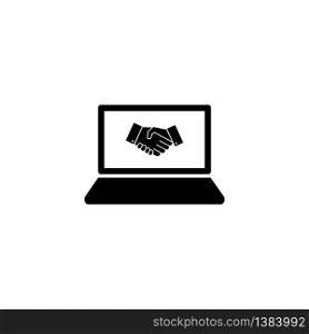Laptop, desktop, computer icon with handshake, hands, partnership in black simple design on an isolated background. EPS 10 vector. Laptop, desktop, computer icon with handshake, hands, partnership in black simple design on an isolated background. EPS 10 vector.