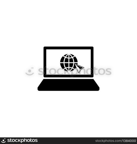 Laptop, desktop, computer icon with message, email, amail or letter in black simple design on an isolated background. EPS 10 vector. Laptop, desktop, computer icon with world wide web concept globe internetin icon in black simple design on an isolated background. EPS 10 vector