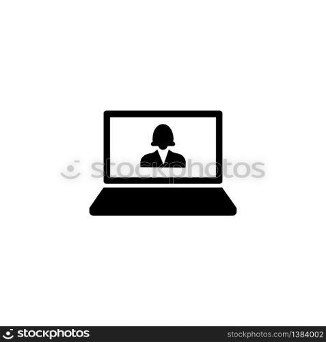 Laptop, desktop, computer icon with message, email, amail or letter in black simple design on an isolated background. EPS 10 vector. Laptop, desktop, computer icon with human avatar woman in black simple design on an isolated background. EPS 10 vector