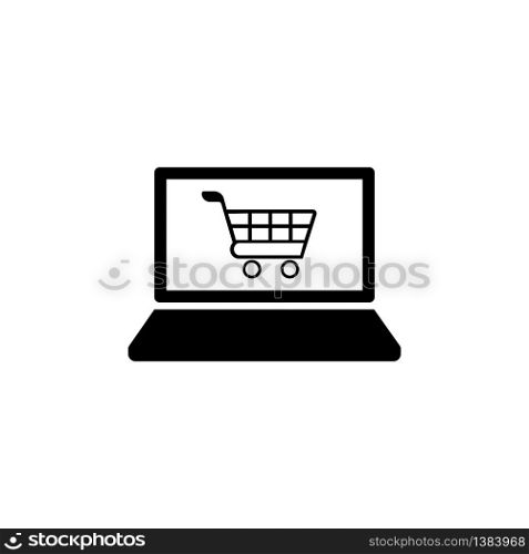 Laptop, desktop, computer icon with shopping baskets in black simple design on an isolated background. EPS 10 vector. Laptop, desktop, computer icon with shopping baskets in black simple design on an isolated background. EPS 10 vector.