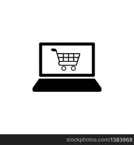 Laptop, desktop, computer icon with shopping baskets in black simple design on an isolated background. EPS 10 vector. Laptop, desktop, computer icon with shopping baskets in black simple design on an isolated background. EPS 10 vector.