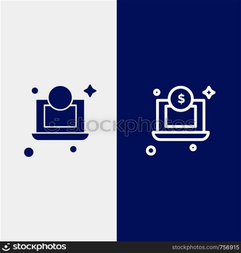 Laptop, Dollar, Money Line and Glyph Solid icon Blue banner Line and Glyph Solid icon Blue banner