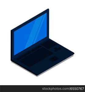 Laptop flat icon with blank blue screen. Laptop in side view. Concept of IT communication, e-learning, internet network. Isolated object on white. Device for registration restaurant orders. Vector. Laptop Flat Icon with Blank Screen in Side View
