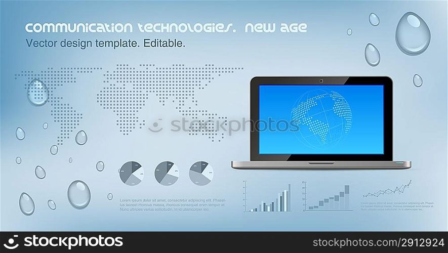 Laptop front on the hi-tech background. Copyspace for Logo.. World map dotted on the background. Future technology concept. Design template. Vector. Editable.