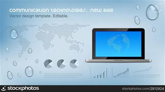 Laptop front on the hi-tech background. Copyspace for Logo.. World map dotted on the background. Future technology concept. Design template. Vector. Editable.