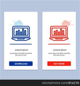 Laptop, Graph, Analytics, Monitoring, Statistics Blue and Red Download and Buy Now web Widget Card Template