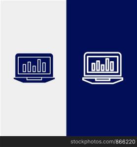 Laptop, Graph, Analytics, Monitoring, Statistics Line and Glyph Solid icon Blue banner Line and Glyph Solid icon Blue banner