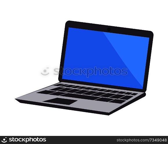 Laptop icon, electronic device vector Illustration modern computer isolated on white with blue screen, mobile work station notebook for distant job. Laptop Icon, Electronic Device Vector Illustration