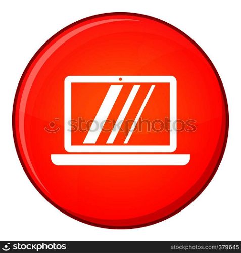 Laptop icon in red circle isolated on white background vector illustration. Laptop icon, flat style