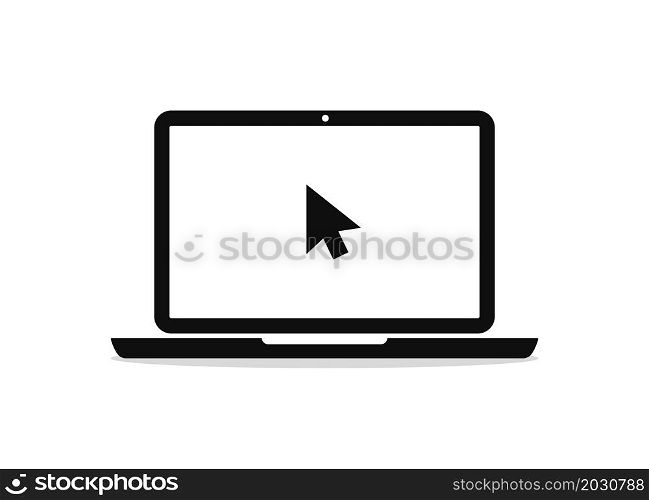 Laptop icon with arrow of mouse. Pictogram of pc with cursor on screen. Computer in flat style for click on website in internet. Logo of laptop desktop for online work or company. Vector.