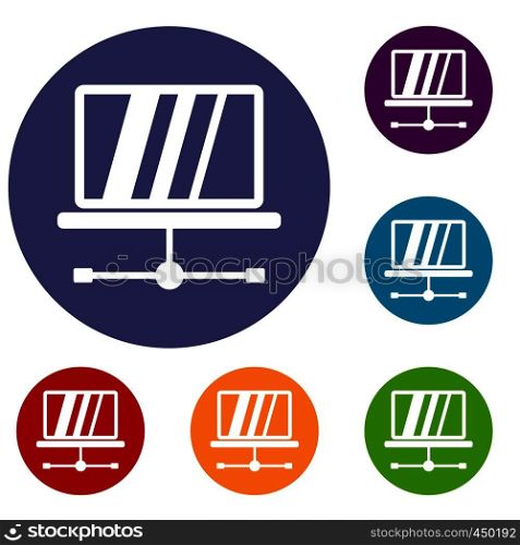 Laptop icons set in flat circle reb, blue and green color for web. Laptop icons set