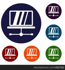 Laptop icons set in flat circle reb, blue and green color for web. Laptop icons set
