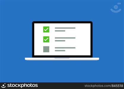 Laptop in trendy flat style with checkbox screen. List with checkbox and marks. Notebook on blue background. EPS 10. Laptop in trendy flat style with checkbox screen. List with checkbox and marks. Notebook on blue background.
