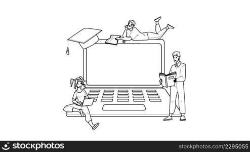 laptop learning online computer. Black Line Pencil Drawing Vector. student work at home. screen. distance school learn character web Illustration. laptop learning vector