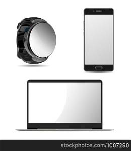 laptop Mockup. Smart Watch Blank. Cell Phone Design with Touch Display Interface. Mobile Technology for Business Advertising. Front Screen Portable Notebook Display with White Background Modern Layout. laptop Mockup. Smart Watch Blank. Cell Phone Design