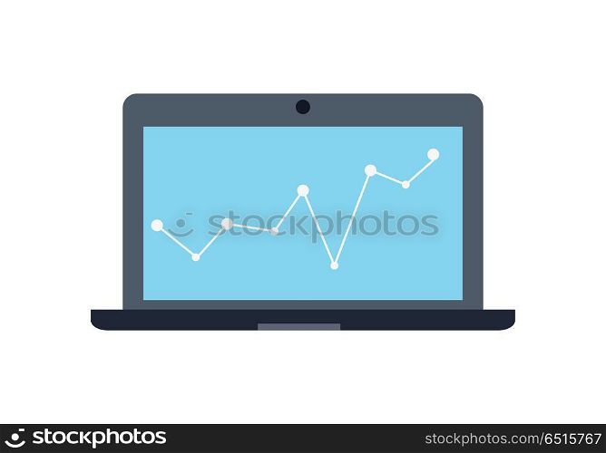 Laptop Monitor. Business Graph and Chart. Laptop monitor isolated on white. Business graph and chart on screen. Workspace training design flat. Educational business technology and management. Part of series of successful leadership. Vector
