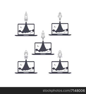 laptop notebook rocket booster vector art set collection. laptop notebook rocket booster vector set collection