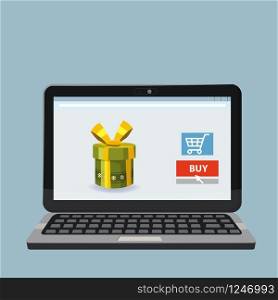 Laptop, noteebok with green gift box. Online shopping concept. Laptop, noteebok with green gift box. Online shopping concept. Sale, e-commerce, retailing, discount theme. Creative flyer, poster template. Baner, poster, vector
