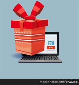 Laptop, noteebok with red gift box. Online shopping concept. Laptop, noteebok with red gift box. Online shopping concept. Sale, e-commerce, retailing, discount theme. Creative flyer, poster template. Baner, poster, vector
