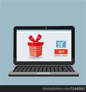 Laptop, noteebok with red gift box. Online shopping concept. Laptop, noteebok with red gift box. Online shopping concept. Sale, e-commerce, retailing, discount theme. Creative flyer, poster template. Baner, poster, vector