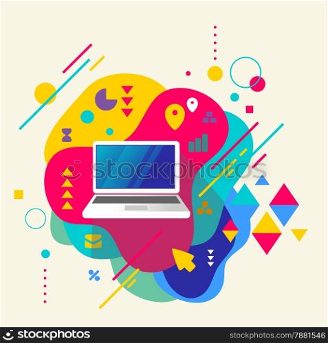 Laptop on abstract colorful spotted background with different elements. Flat design.