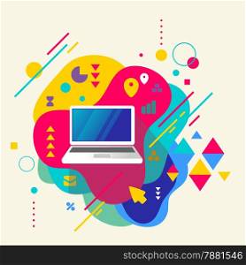 Laptop on abstract colorful spotted background with different elements. Flat design.