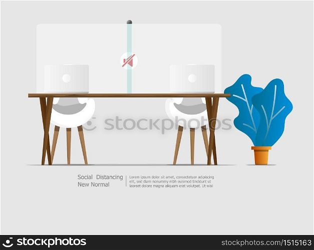 laptop on desk with partition social distancing quarantine to outbreak and protect virus spread vector illustration flat design
