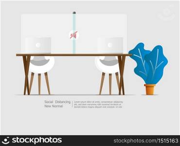 laptop on desk with partition social distancing quarantine to outbreak and protect virus spread vector illustration flat design