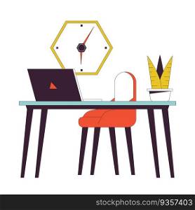 Laptop on office desk flat line color isolated vector object. Remote work. Computer on table. Editable clip art image on white background. Simple outline cartoon spot illustration for web design. Laptop on office desk flat line color isolated vector object