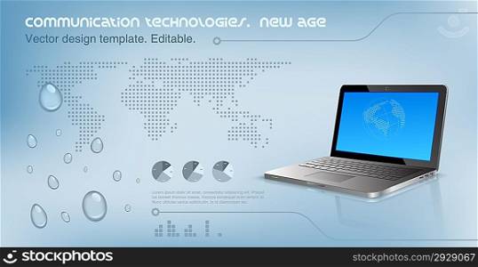Laptop on the glossy hi-tech background. World map on the background. Future technology concept. Design template. Vector. Editable.