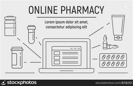 Laptop online pharmacy banner. Outline illustration of laptop online pharmacy vector banner for web design. Laptop online pharmacy banner, outline style