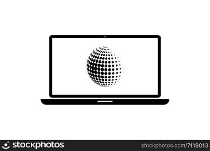 Laptop or computer with dlobe on display or screen isolated icon vector. Internet technology isolated sign or symbol. Web communication or social media concept. EPS 10. Laptop or computer with dlobe on display or screen isolated icon vector. Internet technology isolated sign or symbol. Web communication or social media concept.