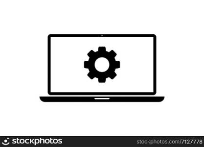 Laptop or pc with gear settings isolated vector icon. Construction concept. Internet technology icon sign or symbol. Technology concept vector design. EPS 10. Laptop or pc with gear settings isolated vector icon. Construction concept. Internet technology icon sign or symbol. Technology concept vector design.