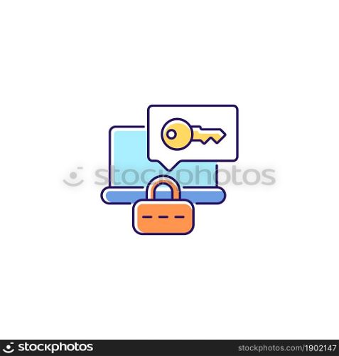 Laptop password requirement RGB color icon. Internet safety for computer. Laptop safeguard. Secure system. Password management. Isolated vector illustration. Simple filled line drawing. Laptop password requirement RGB color icon