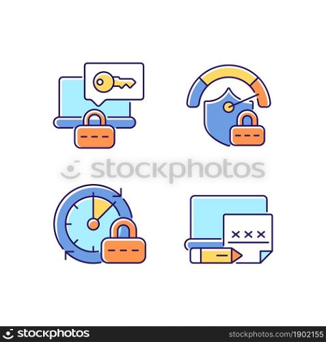 Laptop passwords RGB color icons set. Computer safety requirement. Secure system. Online privacy. Password management. Isolated vector illustrations. Simple filled line drawings collection. Laptop passwords RGB color icons set