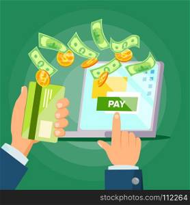 Laptop Payment Vector. Online Payments Concept. Bill Heap. Online Shopping On Laptop. Isolated Flat Cartoon Illustration. Laptop Payment Vector. Transaction And Paypass. Tax Research, Ecommerce. Isolated Flat Cartoon Illustration
