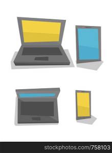 Laptop, phone and tablet computer vector flat design illustration isolated on white background.. Electronic mobility devices vector illustration.