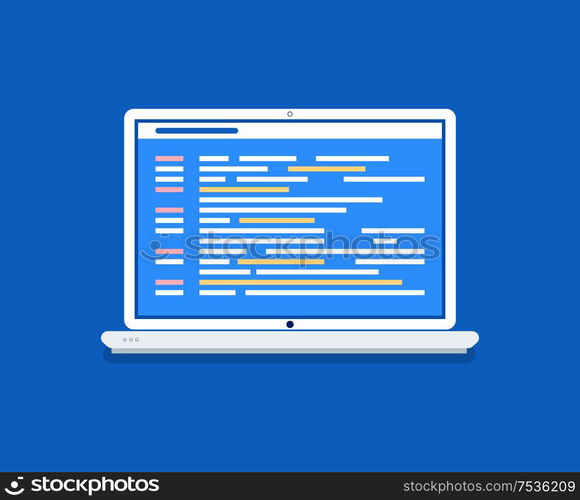Laptop, programming code on screen, computer program creation. Cyberspace, digital technologies, portable device, display or monitor vector illustration. Laptop, Program Code, Computer Program Creation