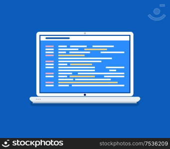 Laptop, programming code on screen, computer program creation. Cyberspace, digital technologies, portable device, display or monitor vector illustration. Laptop, Program Code, Computer Program Creation