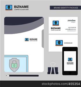 Laptop protected Business Logo, File Cover Visiting Card and Mobile App Design. Vector Illustration