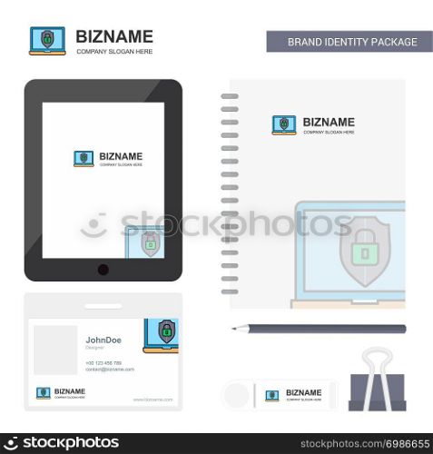 Laptop protected Business Logo, Tab App, Diary PVC Employee Card and USB Brand Stationary Package Design Vector Template