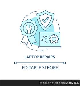 Laptop repair turquoise concept icon. Portable device. Type of service abstract idea thin line illustration. Isolated outline drawing. Editable stroke. Roboto-Medium, Myriad Pro-Bold fonts used. Laptop repair turquoise concept icon
