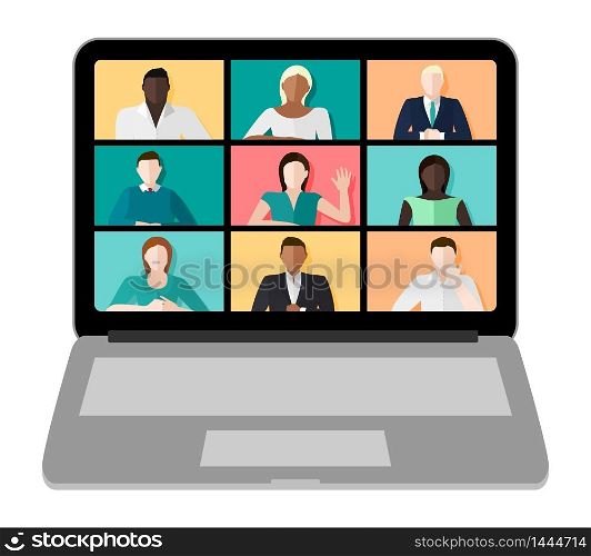 Laptop screen with a video conference call with multicultural people and different genders vector