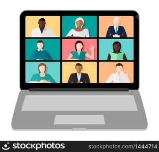 Laptop screen with a video conference call with multicultural people and different genders vector