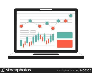 Laptop screen with diagram and charts monochrome flat vector object. Editable black and white thin line icon on white background. Simple cartoon clip art spot illustration for web graphic design. Laptop screen with diagram and charts monochrome flat vector object