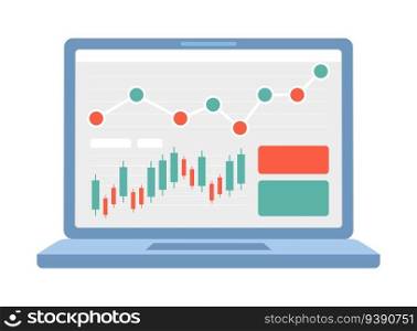 Laptop screen with diagram and charts semi flat colour vector object. Editable cartoon clip art icon on white background. Financial operations progress. Simple spot illustration for web graphic design. Laptop screen with diagram and charts semi flat colour vector object